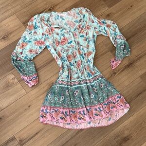 Floral Tiered V-Neck Smocked Waist Dress in Mint